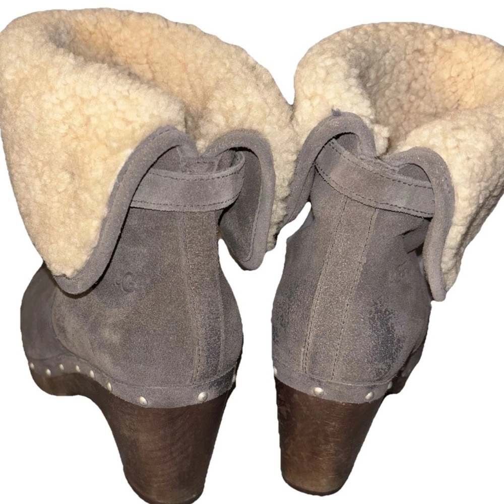 UGG Lynnea Wm 8US/39EU Gray Suede Shearling Ankle Boots Wooden Clog Soles - Picture 5 of 11